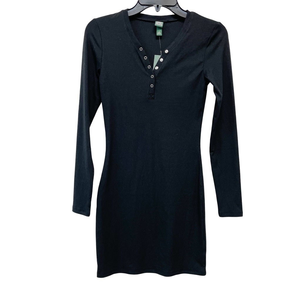 Wild Fable Women's Black Ribbed Henley Long Sleeve Mini Bodycon Dress Size S